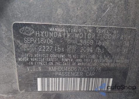 2007 Hyundai Elantra Gls/Limited/Se z USA, uszkodzony, nr VIN KMHDU46D67U038676